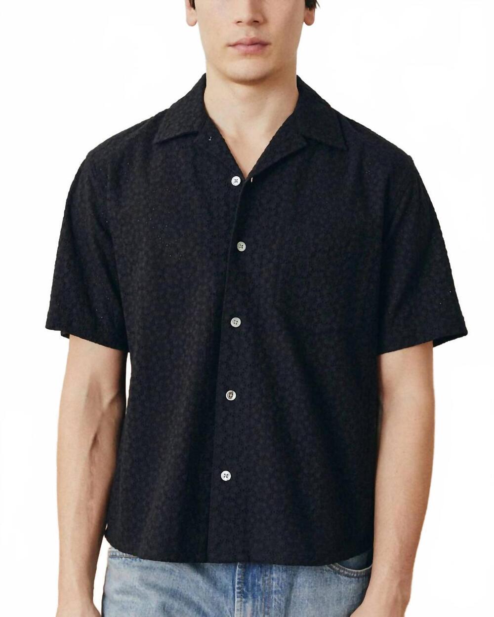 NEW CORRIDOR men's floral eyelet short sleeve shirt in black